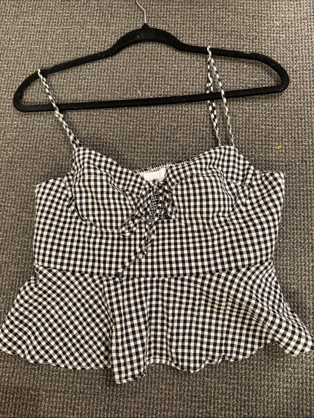 Isalis Black & White Gingham Lace-Up Peplum Cami Top
